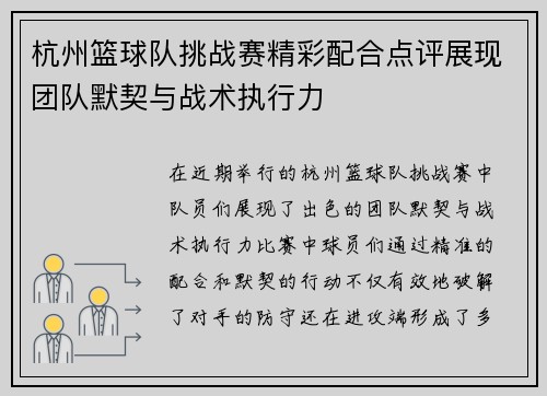 杭州篮球队挑战赛精彩配合点评展现团队默契与战术执行力